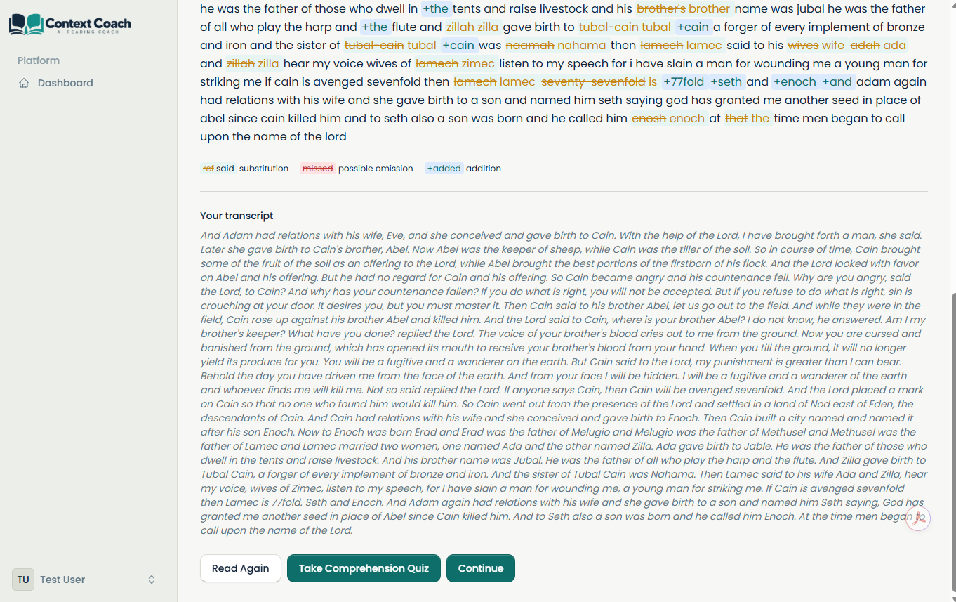 Comprehension quiz results with correct answers and verse references
