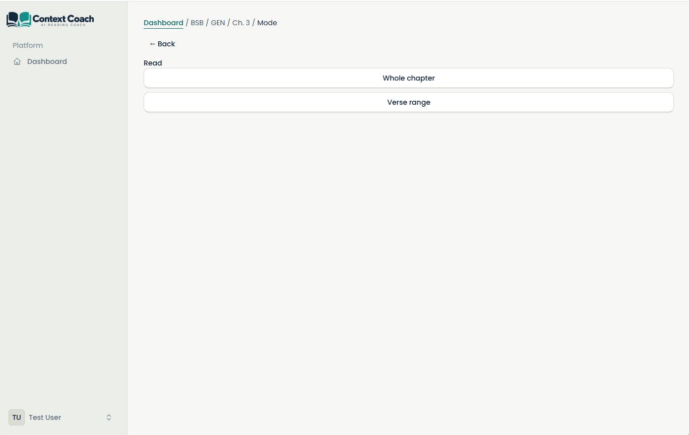Reading mode selection screen with whole chapter and verse range options