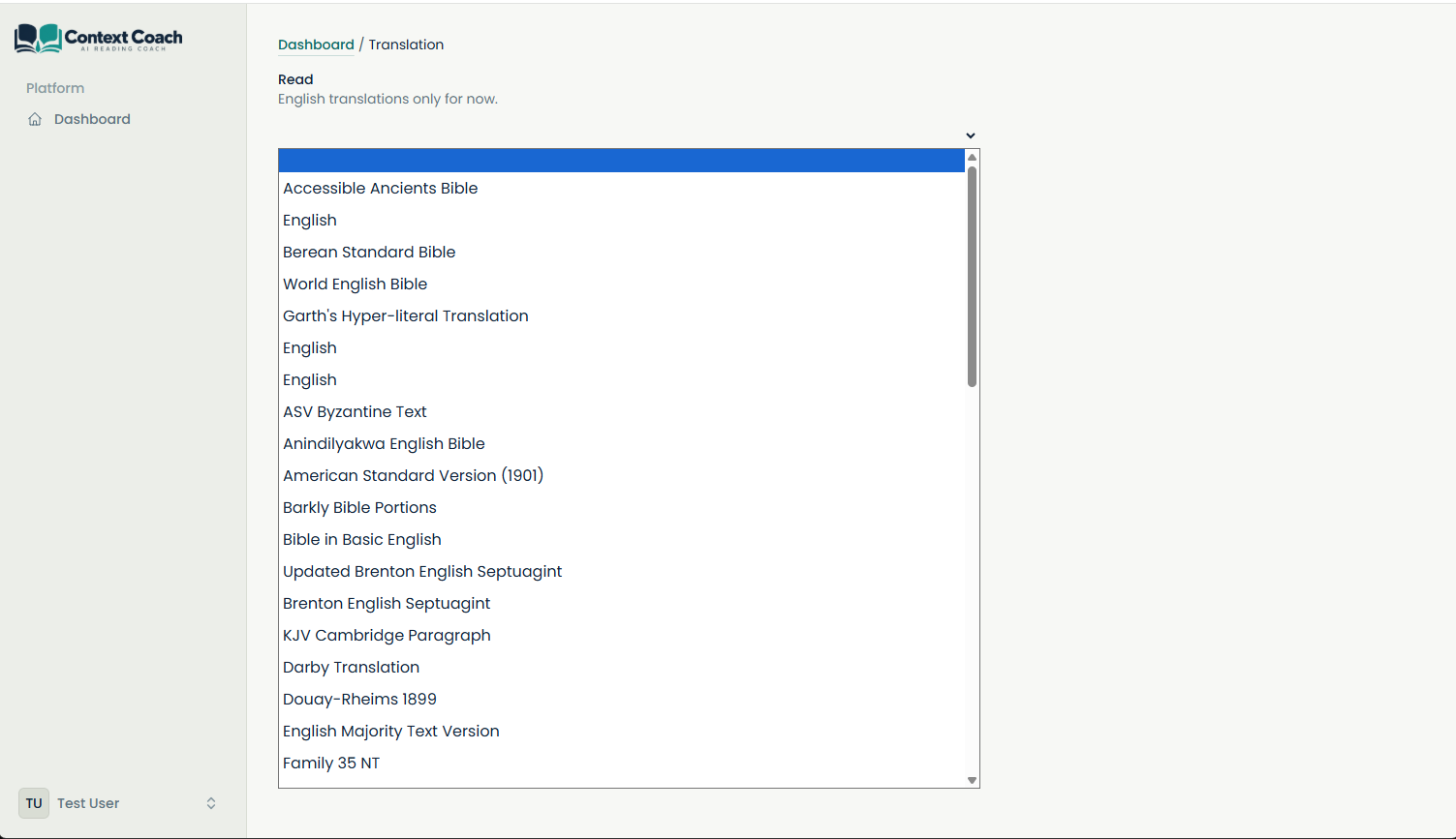 Translation selector showing dozens of English Bible versions
