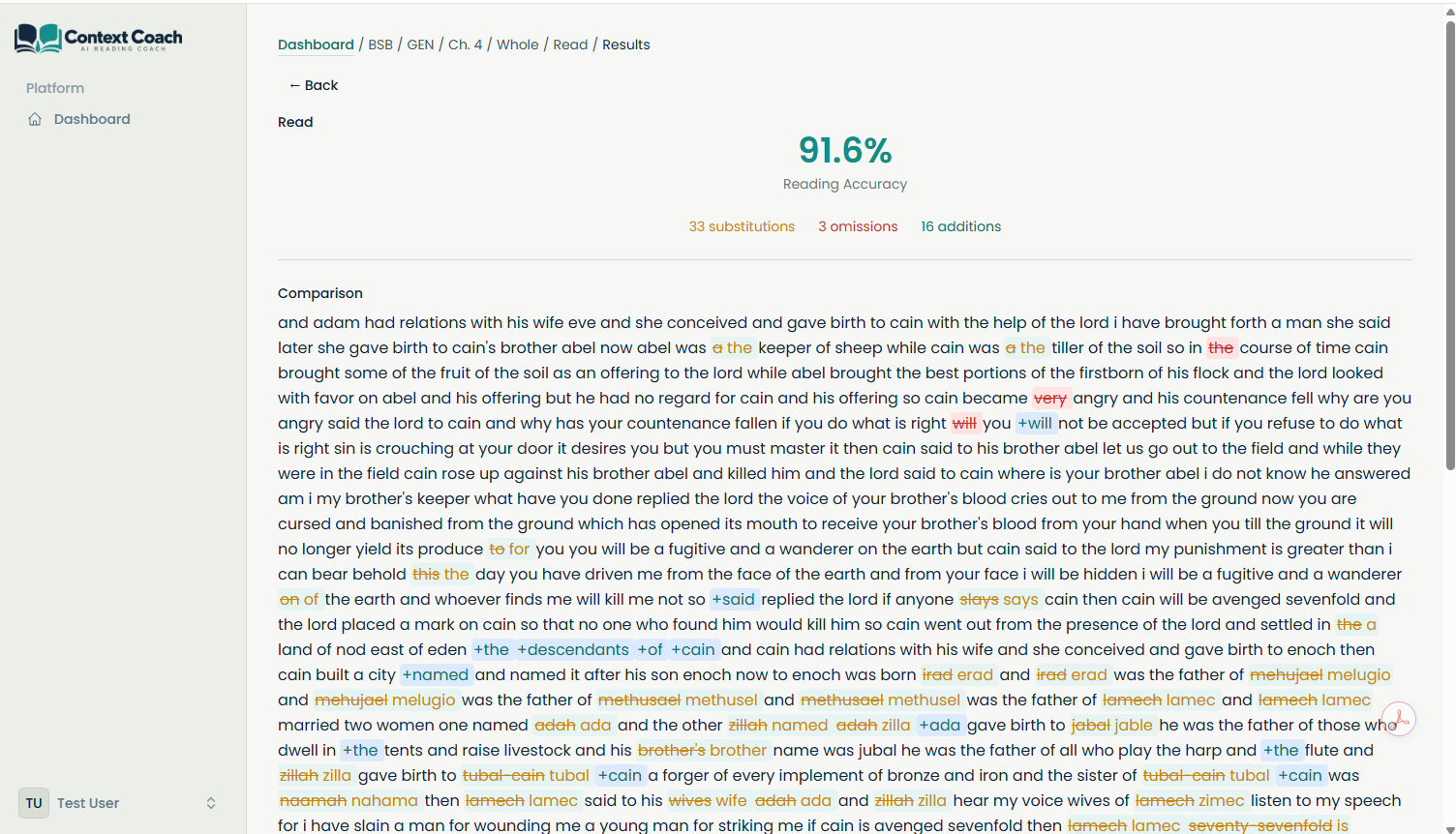 Scoring results showing 91.6% accuracy with color-coded word comparison